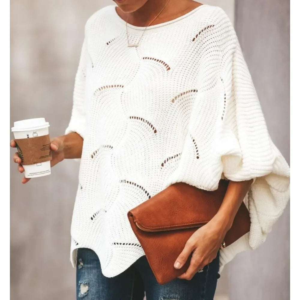Women's Sweater 2025 Autumn Winter Elegant Hollow Out Loose Knitted Lady Pullovers Casual O-Neck Solid Lantern Sleeve Female Top