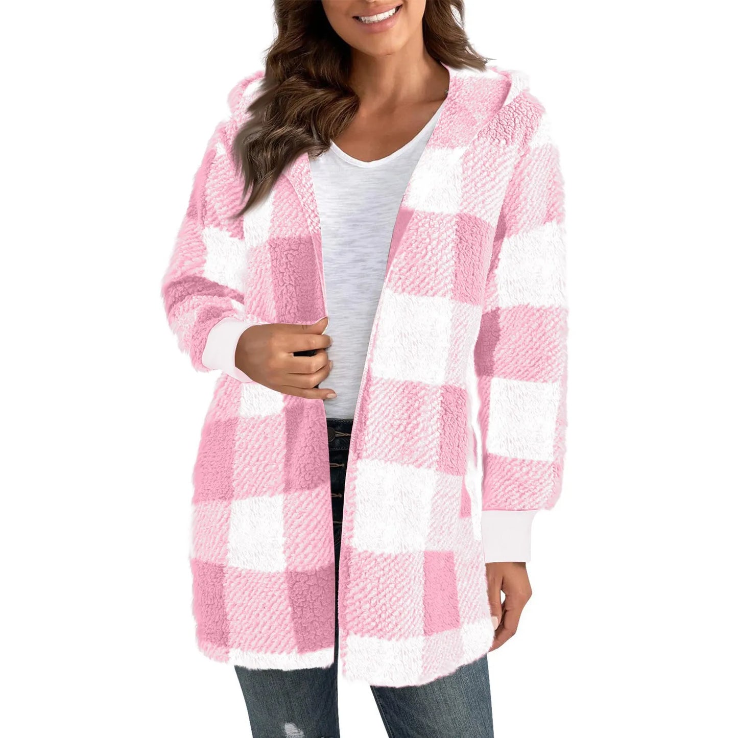 Lapel Plush Elegant Coats Plaid Faux Fur Outwear Loose Trend Women Long Sleeve Pockets Long-Cut Coats Winter Women Faux Fur Coat