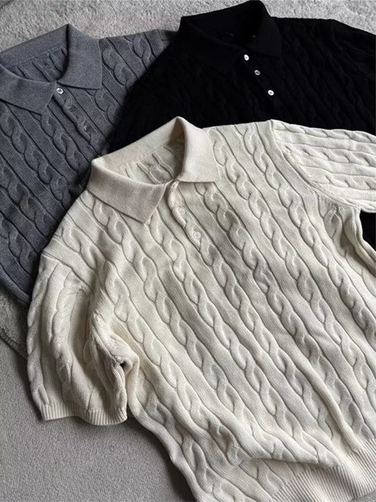 Fashionable Slim Fit Mens Knitted Polo Shirts Summer Casual Twist Jacquard Knit Tops Men Trendy Button Polo Neck Knitting Shirt