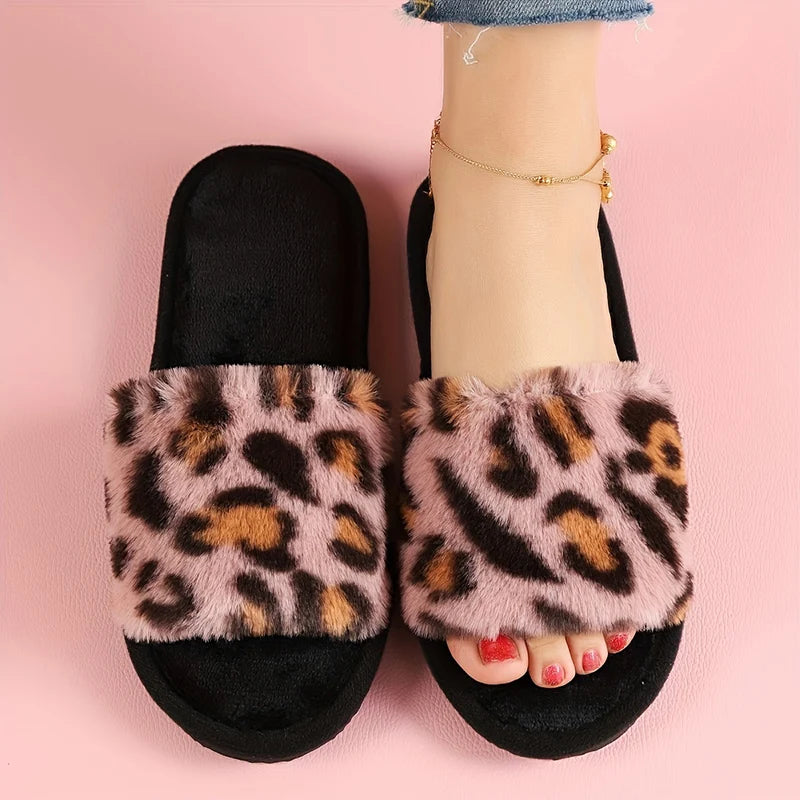 Fashion Leopard Print Fur Slippers for Women Open Toe Soft Sole Furry House Shoes Woman Winter Warm Comfort Indoor Home Slippers