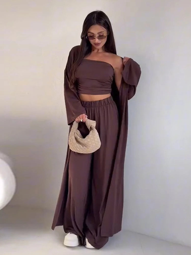 Pants Sets Women 3 Piece Off Shoulder Sleeveless Cropped Tank Top Long Cardgian Elastic Wide Leg Pant Female Suit Lady Outfits