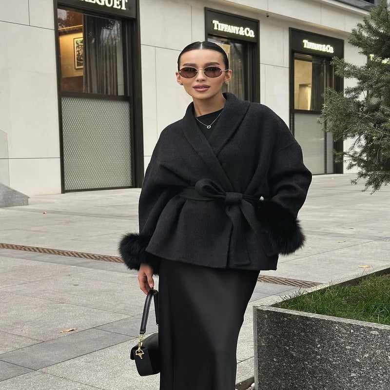 Elegant Women's Coat V-neck Faux Fur Loose Sleeve Belt Lace Up Solid Female Coats 2025 Autumn Warm Fashion Dating Lady Outwear