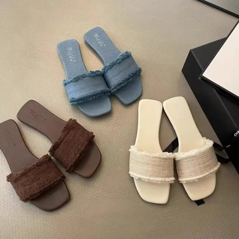 Women's Slippers, Solid Color Open-toe Set Foot Vacation Beach Flat Sandals Casual Flip Flops Summer Indoor Women Slides Shoes