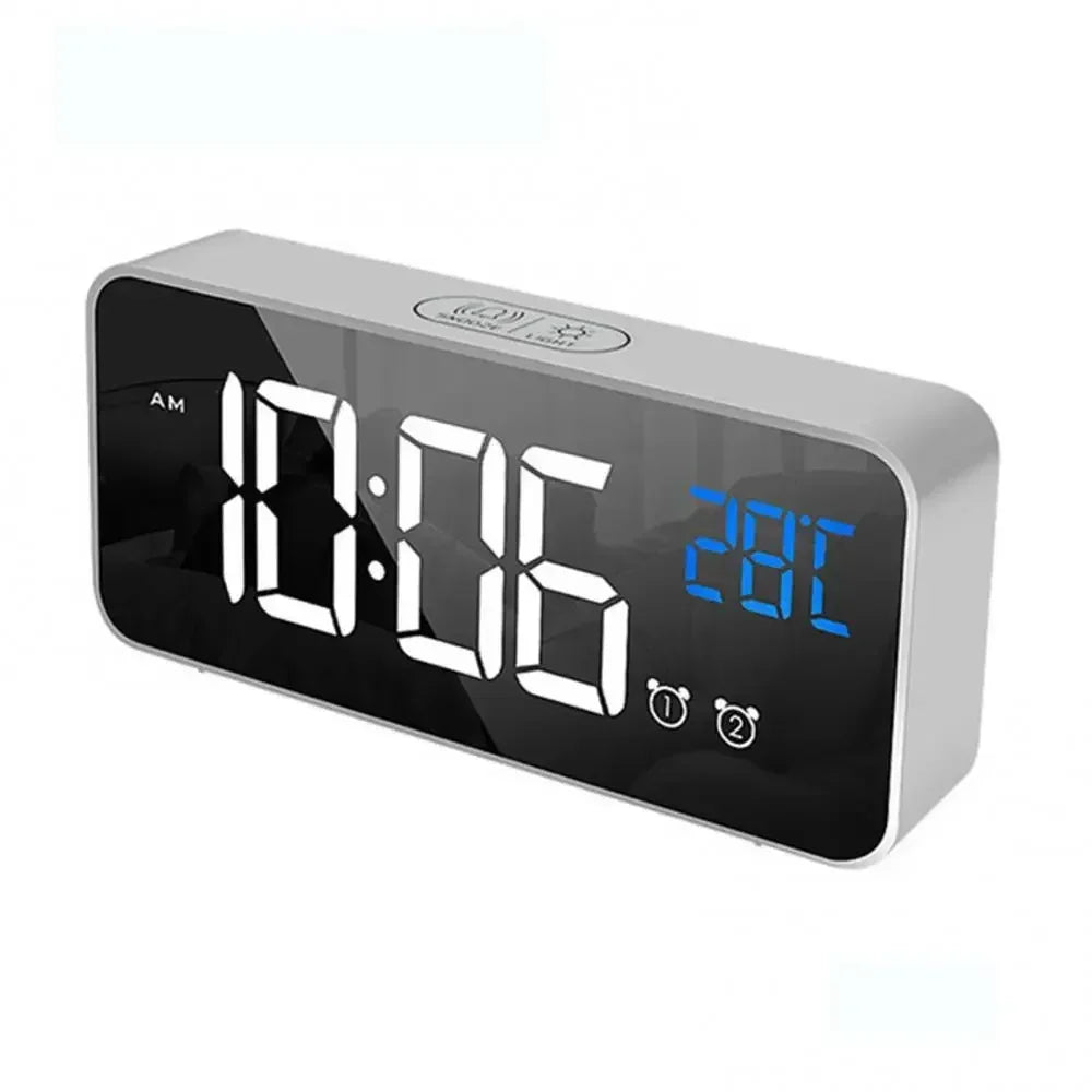 Smart LED Mirror Alarm Clock with Voice Control USB Charging Dual Alarms Snooze Mode for Bedside Table Timepiece Home Decor