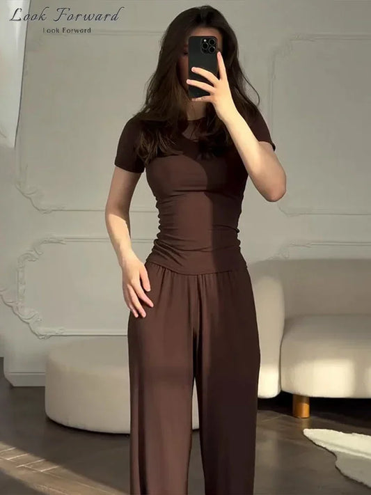 Casual Long Pants Suits Women O-neck Short Sleeve T-shirt Elastic Waist Trousers Set Spring Summer Solid Lady Household Clothes