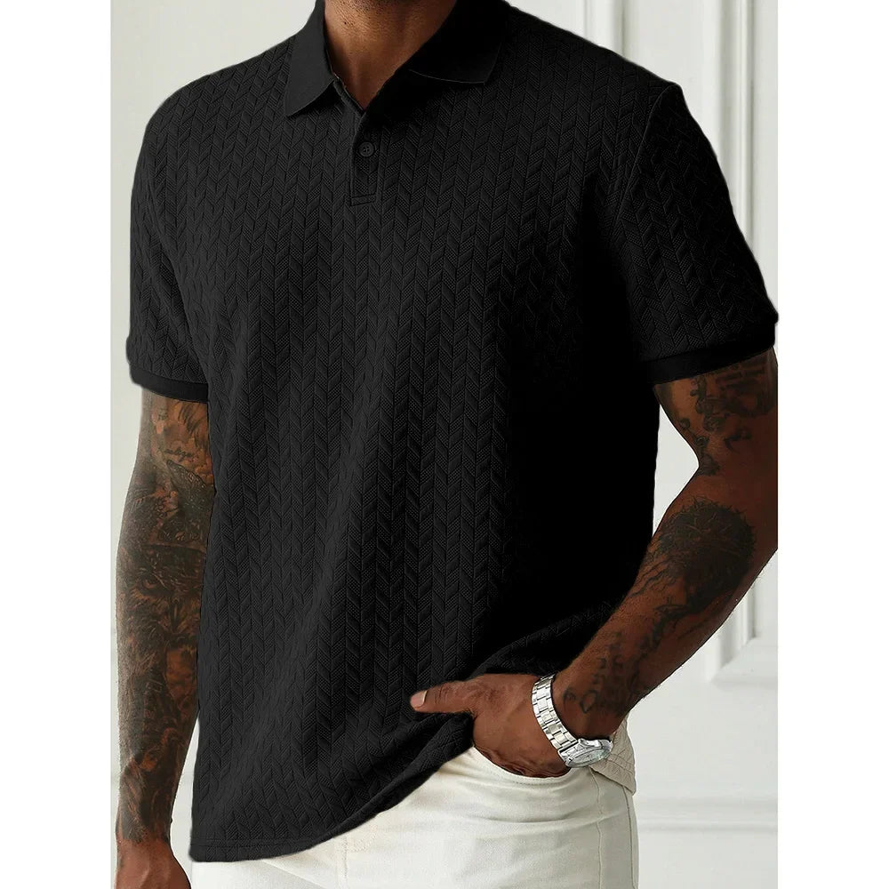 Men's Heavyweight Polo Shirt Spring Summer Short-sleeved Jacquard T-shirt Turn-down Collar Casual Fashion Button Male Clothing