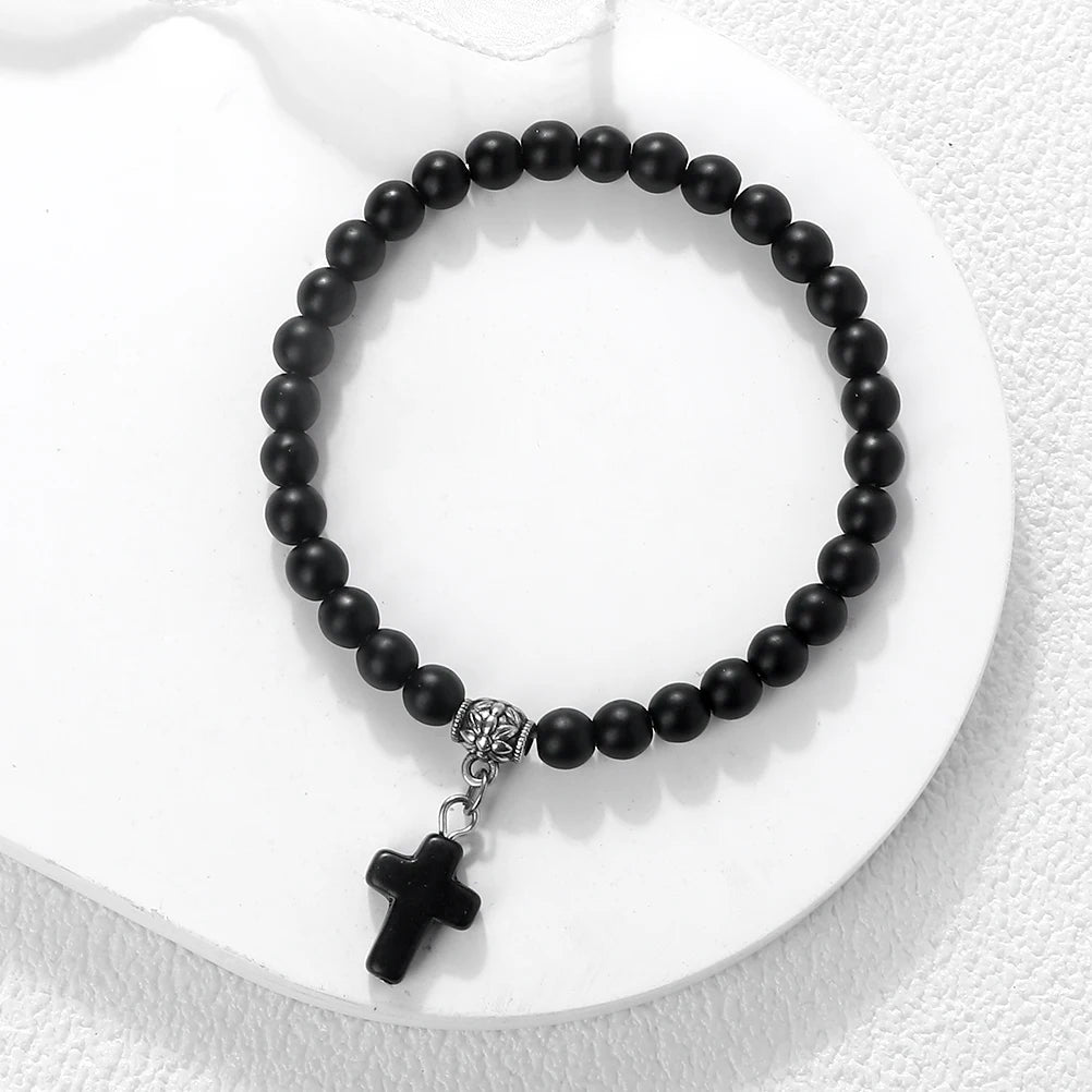 Jesus Cross Beaded Bracelets for Prayer 6mm Natural Black Matte Blue Pine Stone Bracelet Women Men Yoga Bangle Christian Jewelry