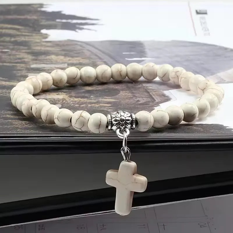 Jesus Cross Beaded Bracelets for Prayer 6mm Natural Black Matte Blue Pine Stone Bracelet Women Men Yoga Bangle Christian Jewelry