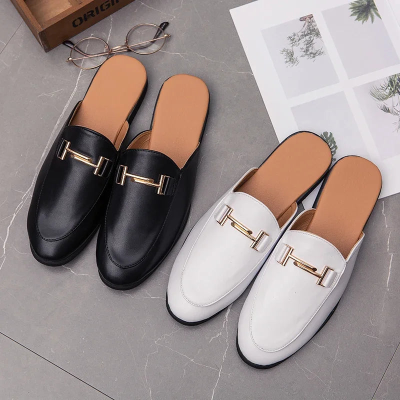 Fashion Men's Half Slippers 2022 High Quality Leather Men Shoes Classic Mules Non-slip Half Shoes Man Summer White Moccasins