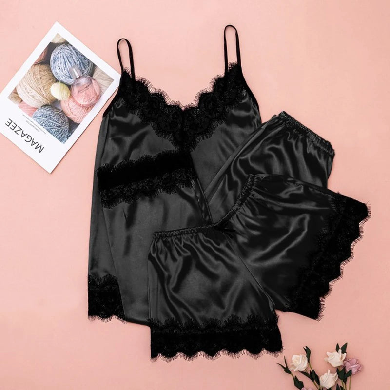 Sexy Pajama Set for Women Black Lace Satin V-Neck Pyjama Sleeveless Cute Cami Top Shorts Trousers Lingerie Nightie Homewear 3pcs