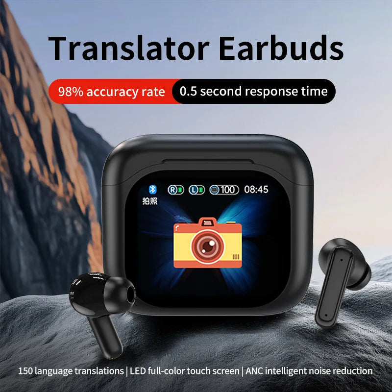 Translator Headphones 144 Languages Translation Wireless Bluetooth 5.4 Earbuds Touch Screen Noise Cancelling Business Headset