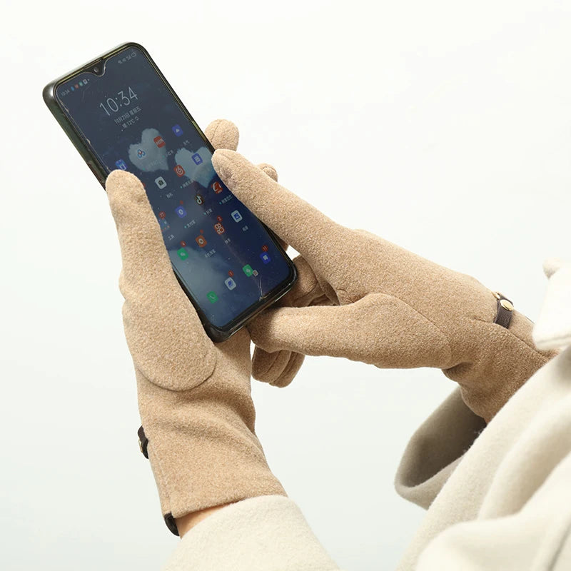 Derong Gloves Women's Winter Velvet Warm Metal Chain Embellishment Suitable for Driving and Cycling a Pair of Touch Screen Gloves