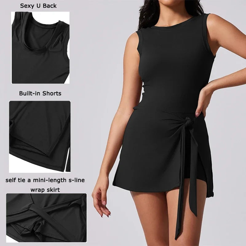 Tennis Dress for Women with Built in Shorts Womens Athletic Dresses Sleeveless Boat Neck Active Workout Skort Dress