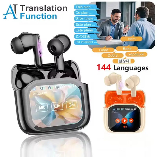 Translator Headphones 144 Languages Translation Wireless Bluetooth 5.4 Earbuds Touch Screen Noise Cancelling Business Headset