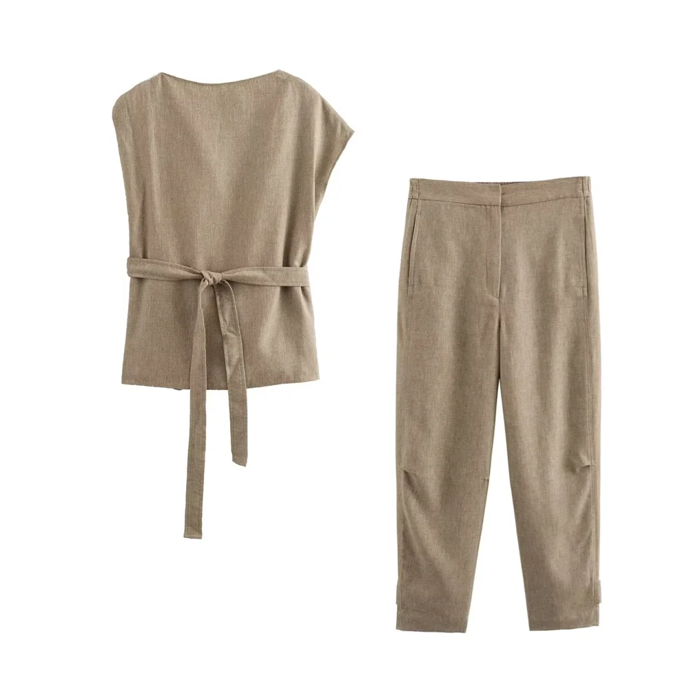 PB&ZA 2024 Spring New Women's Fashion Elegant Slim Fit Commuter Belt Decoration Suit Straight leg Pants Set