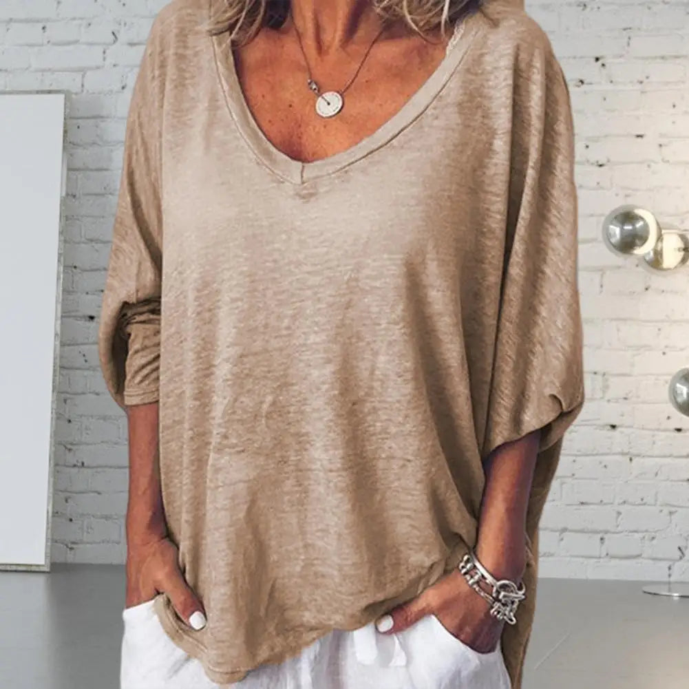 Women T-shirt Top Solid Color Women's V-neck 3/4 Batwing Sleeve T-shirt Loose Fit Lightweight Breathable Top for Casual Wear