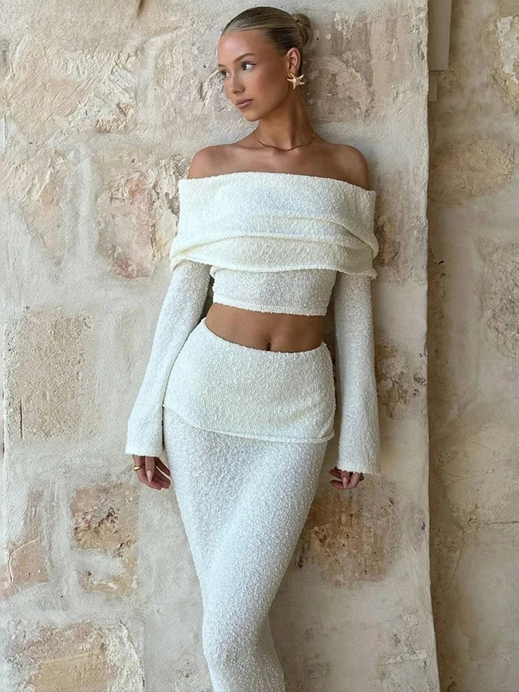 Weird Puss See Through 2 Piece Set Women Chic Hairball Lapel Slash Neck Crop Top+Maxi Skirts Matching Trend Streetwear Suits
