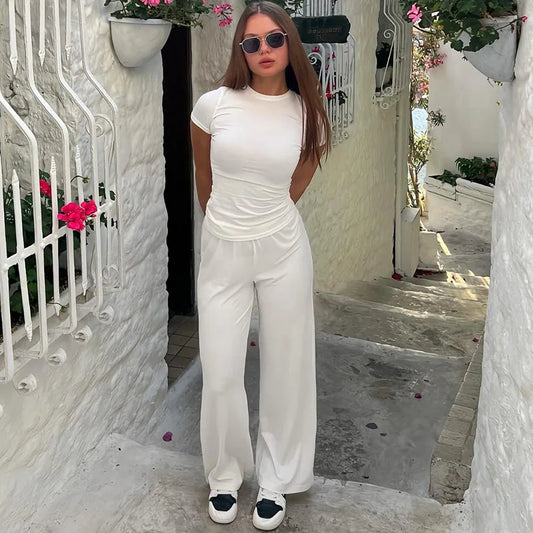 Women Trousers Suit Solid Color O-neck Short-sleeved Top Loose Elastic Waist Wide-leg Pants Women Suit 2025 New Yoga Sportswear