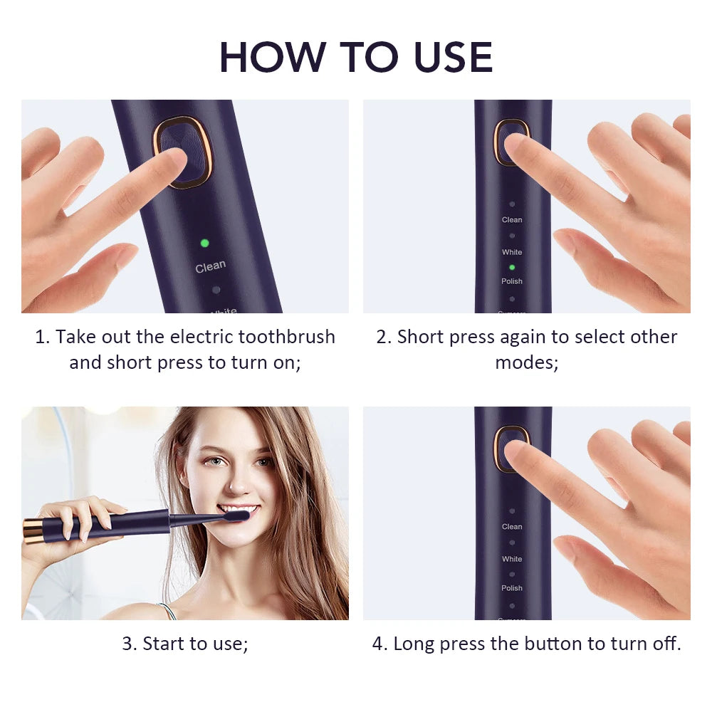Sonic Electric Toothbrush for Adults Smart Timer  eeth Whitening USB Rechargeable IPX7 Waterproof Replacement Heads