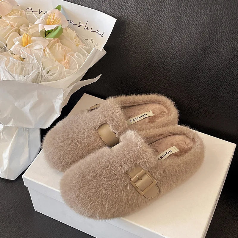 Women's Slippers, Winter Comfortable Plush Warm Casual Slippers Outdoor Fashionable Plush Women's Shoes Pantuflas Mujer