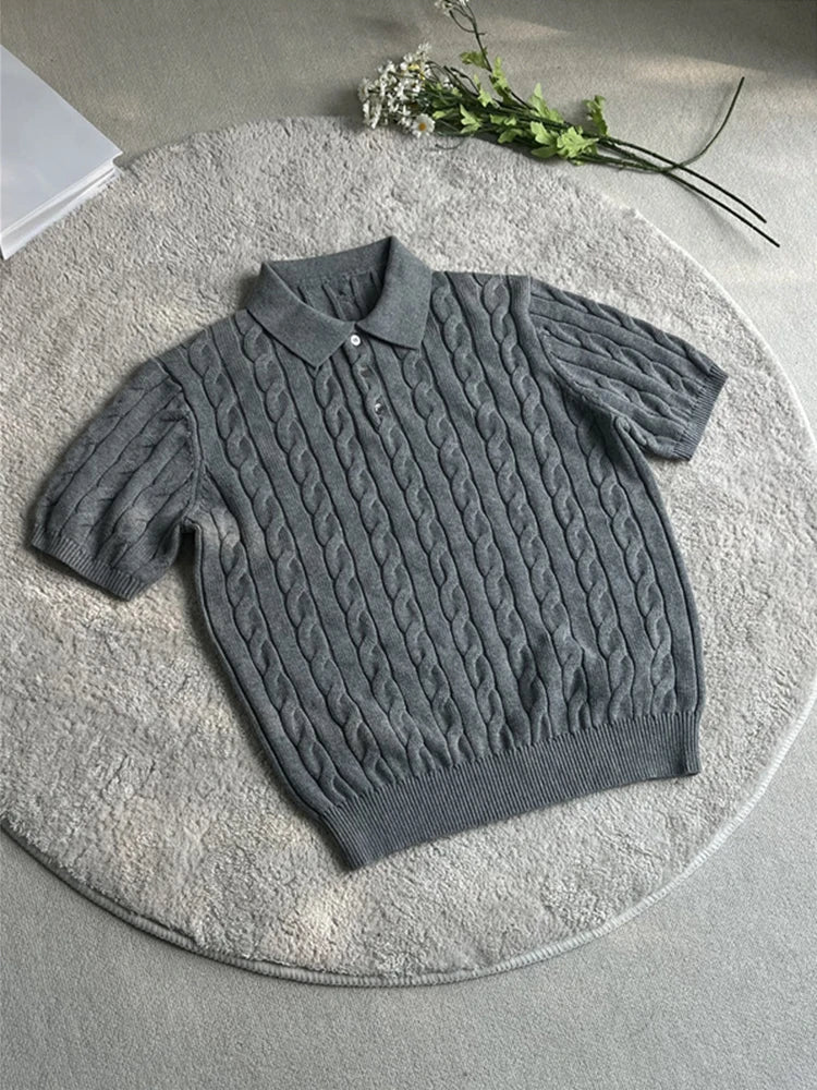Fashionable Slim Fit Mens Knitted Polo Shirts Summer Casual Twist Jacquard Knit Tops Men Trendy Button Polo Neck Knitting Shirt