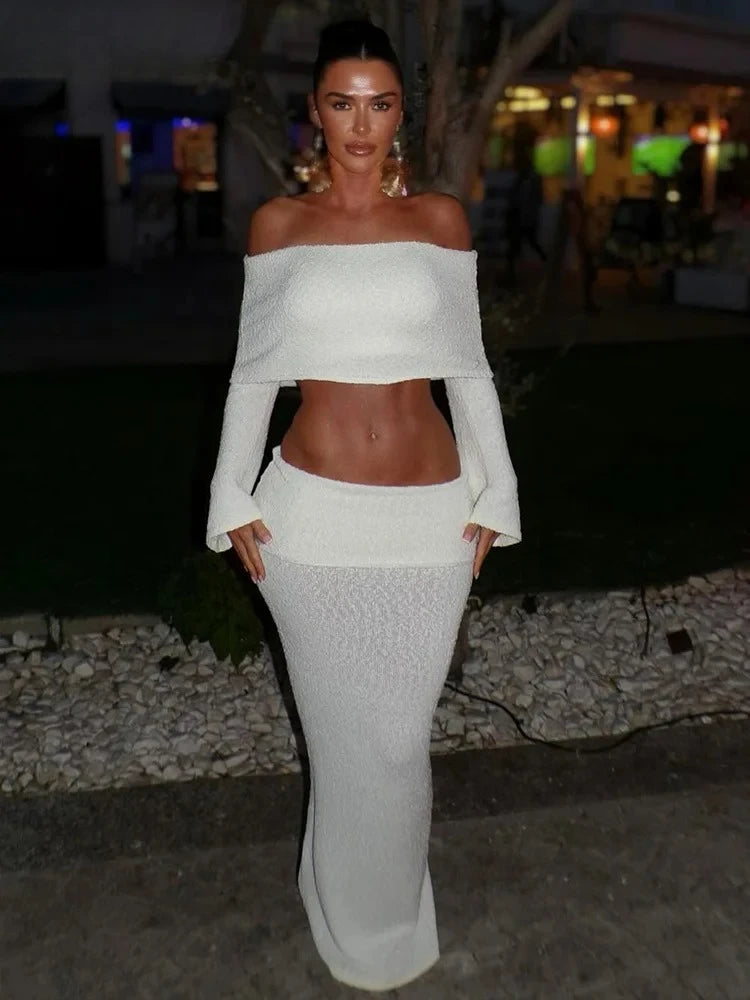 Weird Puss See Through 2 Piece Set Women Chic Hairball Lapel Slash Neck Crop Top+Maxi Skirts Matching Trend Streetwear Suits