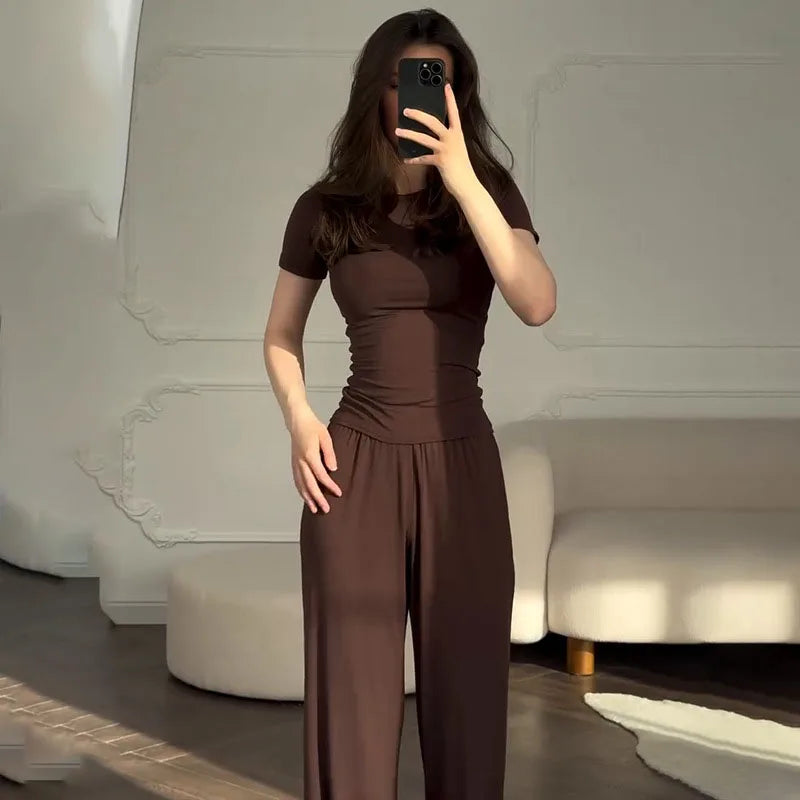 Casual Long Pants Suits Women O-neck Short Sleeve T-shirt Elastic Waist Trousers Set Spring Summer Solid Lady Household Clothes
