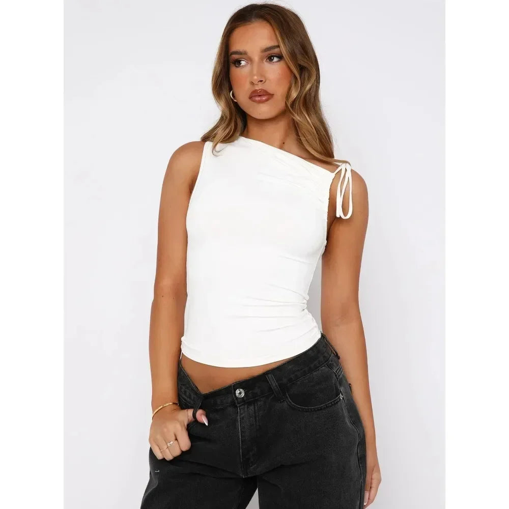 Dulzura Sleeveless Skew Collar Ruched Lace Up Bodycon Crop Top Sexy Elegant Casual Tank Party Club Streetwear Spring Summer