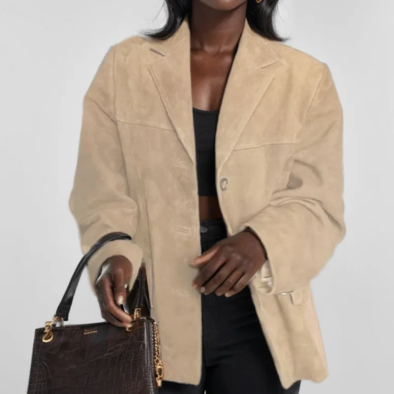 Autumn And Winter 2024 New Women's Suit Jacket Retro Brown High Street Fashion Lapel Long-sleeved Suede Jacket With Pockets