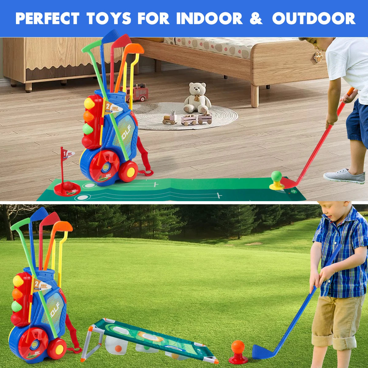 Upgraded Golf Toy Set with Golf Balls, Blue Golf Cart with Shoulder Strap, Indoor/Outdoor Sports Toy, Christmas/Thanksgiving