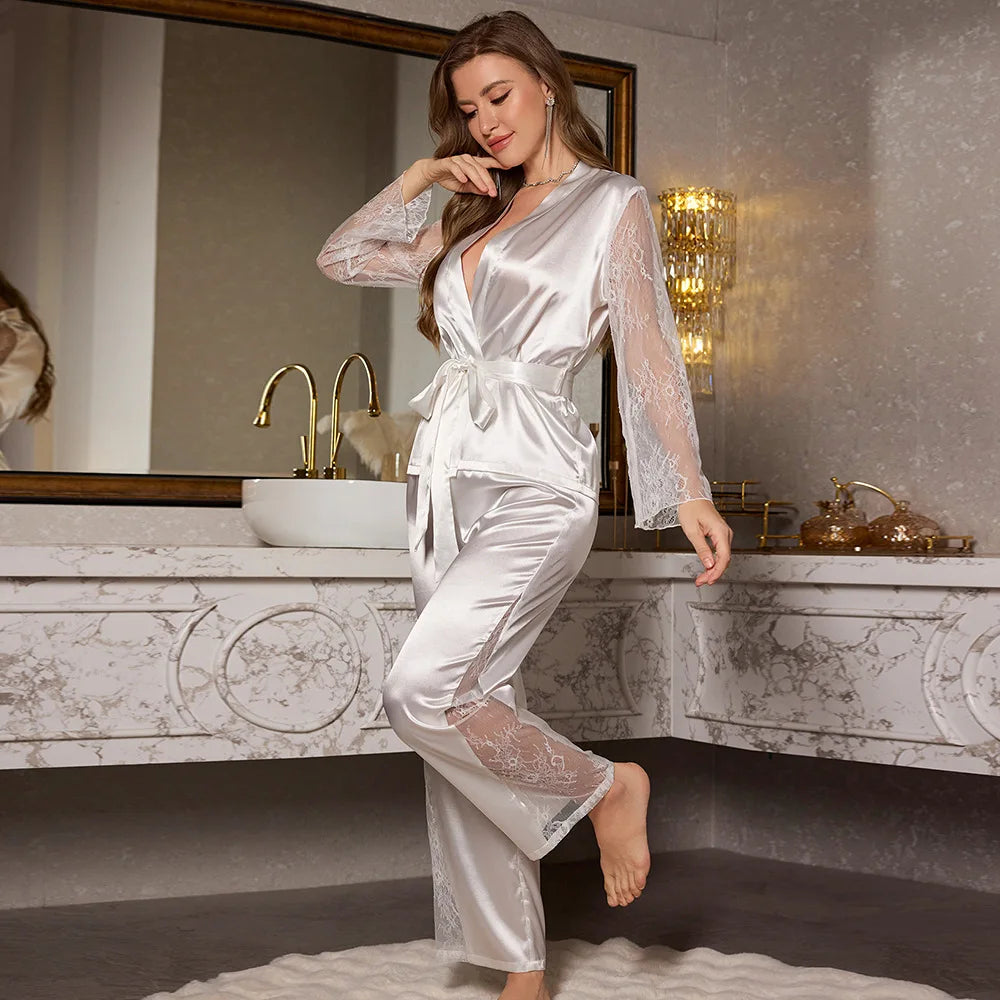 Women's Pajamas Autumn Luxurious Lace Long Sleeve Pajama Set Elegant V-Neck Robe Pants Sleepwear Loungewear