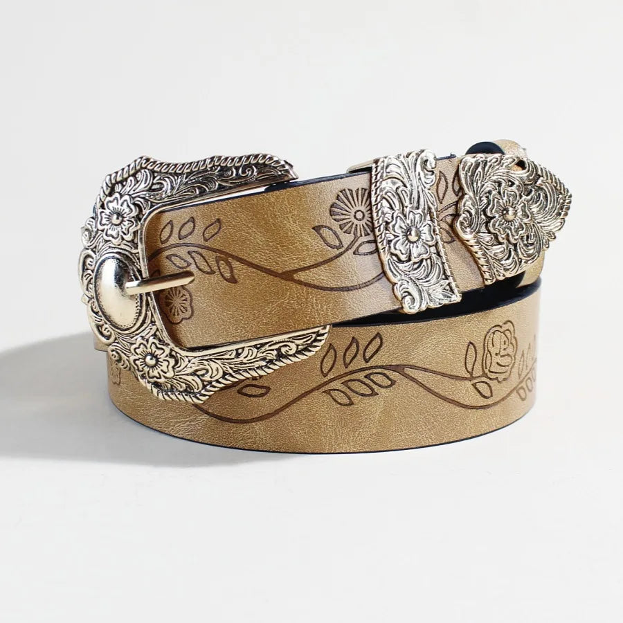 Western Style Printed Solid Color Pu Belt Buckle, Retro Casual Women's Belt, Classic Jeans Decorative Belt