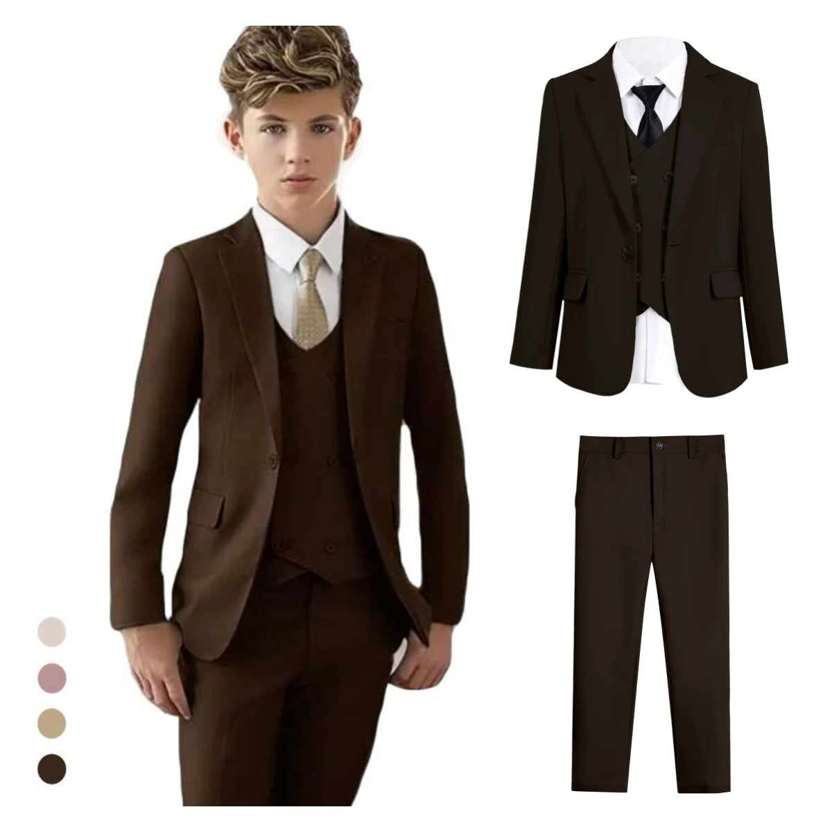 Vintage Brown Formal Suit Set for Kids, 3-14 Years Boy's Tuxedo Set, Blazer, Vest, Pants, Bow-tie, Graduation Party Dresswear
