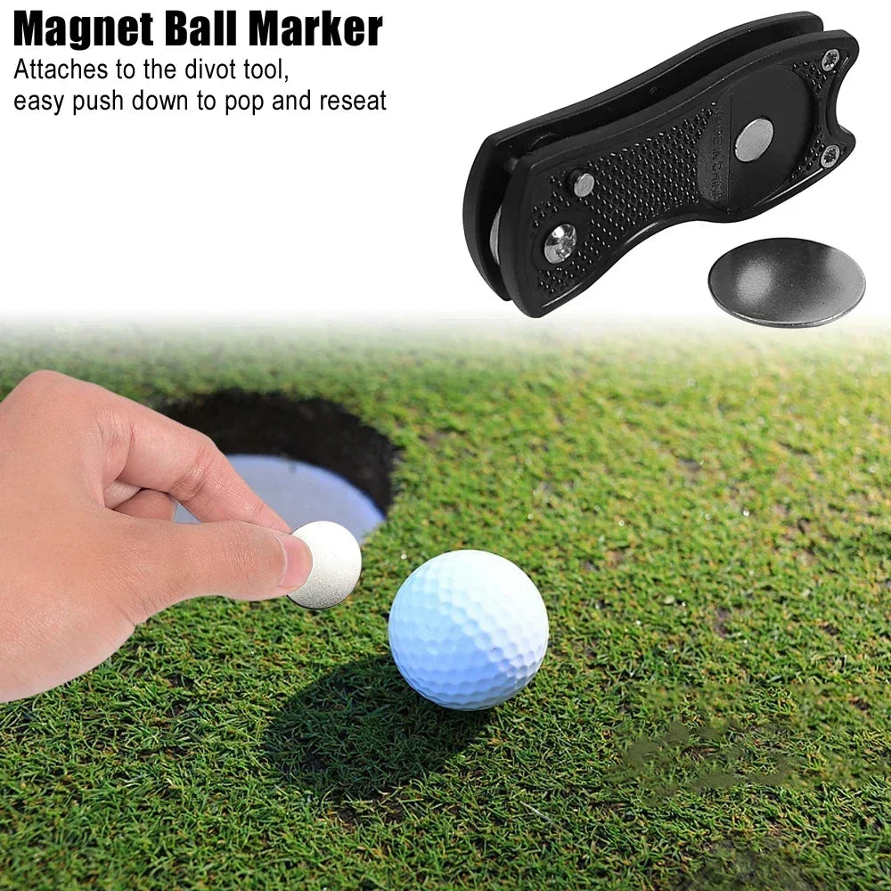 Golf Divot Repair Tool with Golf Ball Tool Pitch Groove Cleaner Putting Green Fork Training Aids Foldable Golf Accessories