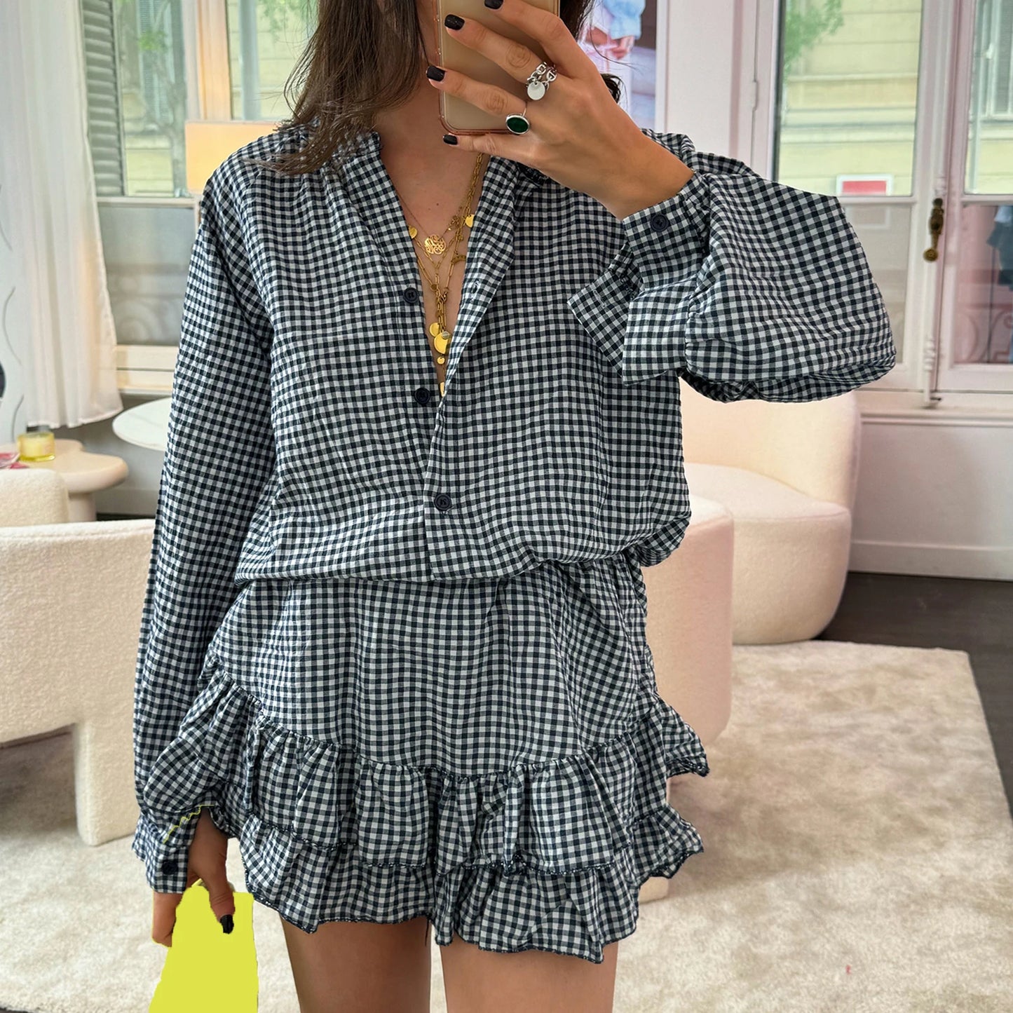 Women's 2 Piece Beach Outfits Long Sleeve Button Plaid Tops Tiered Ruffle Skirted Shorts Sets