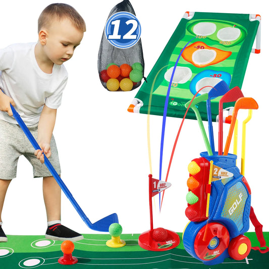 Upgraded Golf Toy Set with Golf Balls, Blue Golf Cart with Shoulder Strap, Indoor/Outdoor Sports Toy, Christmas/Thanksgiving