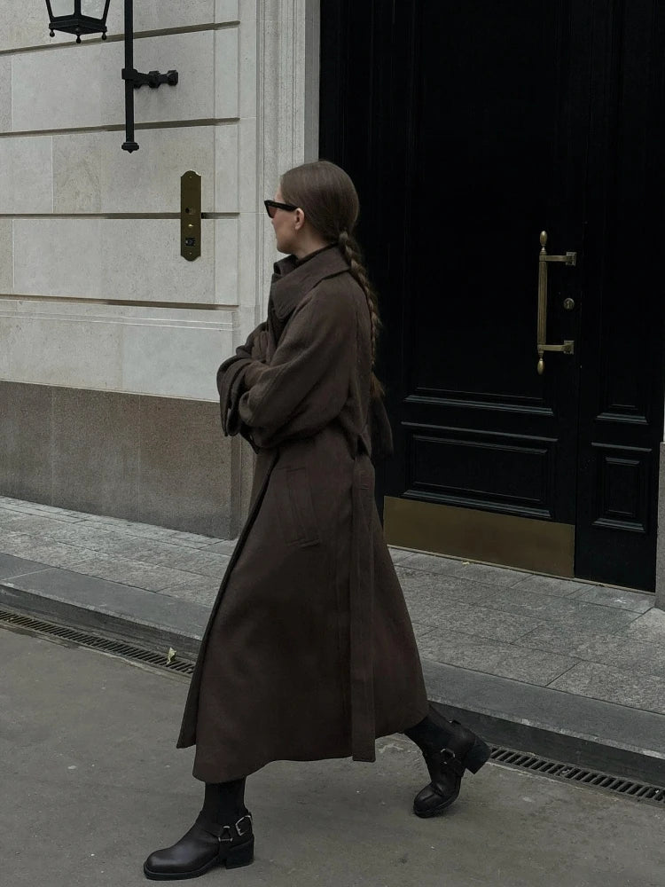 Stand Collar Woolen Long Coat Women Retro Chic Single Breasted Brown Overcoats With Belt Female Autumn Winter Casual Streetwear