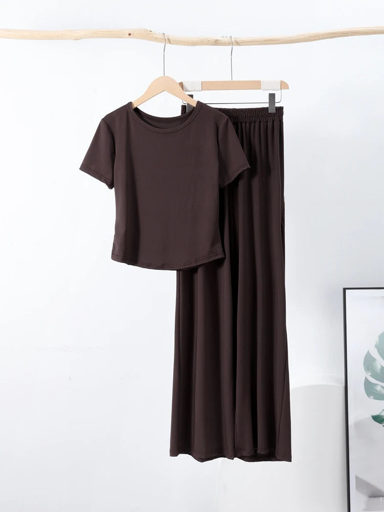 Casual Long Pants Suits Women O-neck Short Sleeve T-shirt Elastic Waist Trousers Set Spring Summer Solid Lady Household Clothes