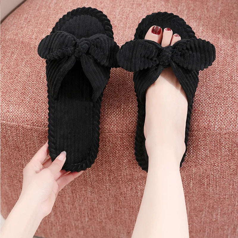 Women's Bow Flat Heel Slippers Home Non-slip Open-toe Breathable Slippers for All Season ladies Bedroom Fashion Soft Sole Slides