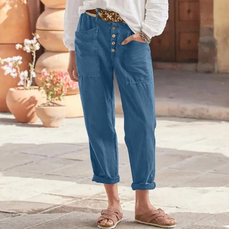 Women's Trousers Loose Solid Color Cotton Linen Button Pocket Breathable Basic Street Fashion Casual Pants