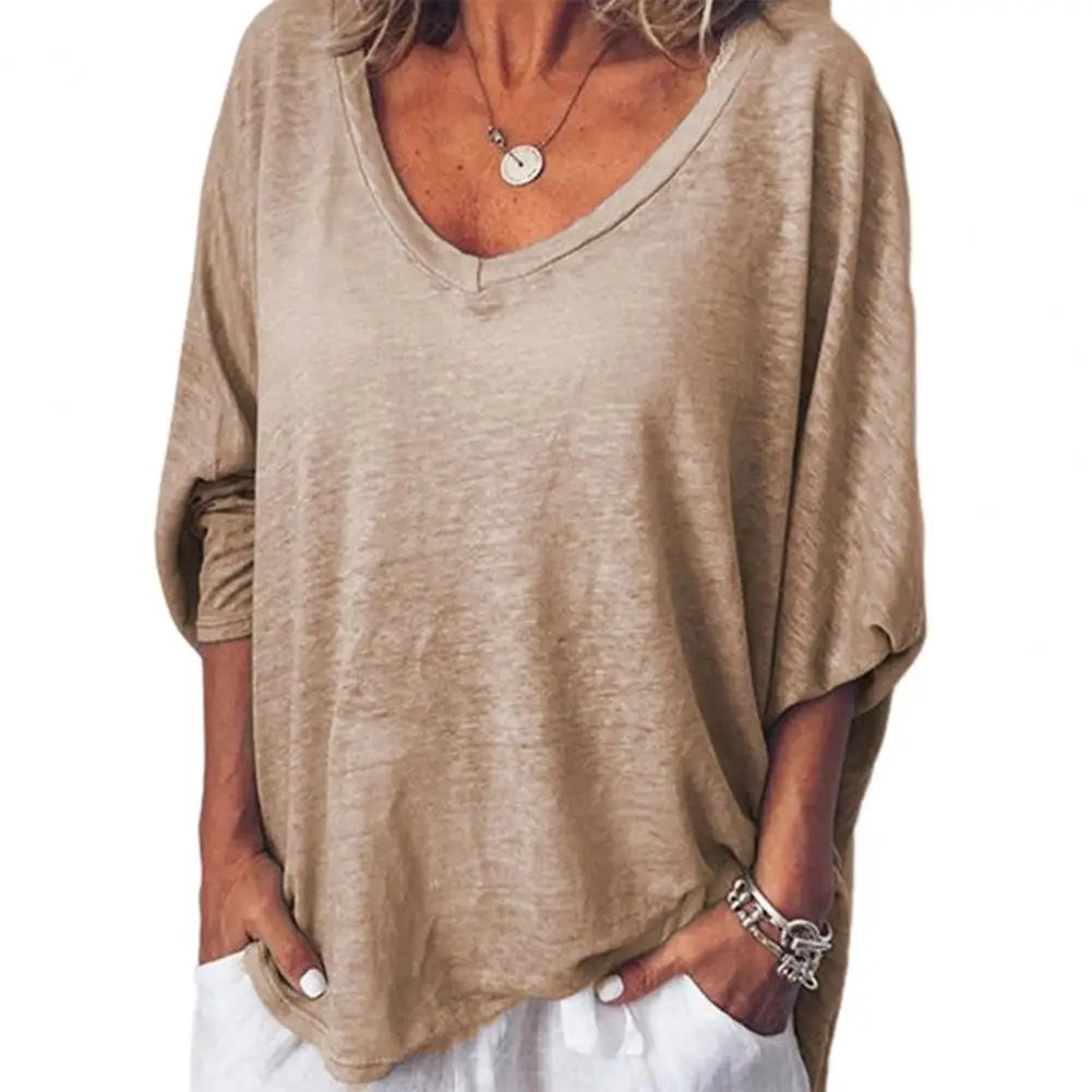 Women T-shirt Top Solid Color Women's V-neck 3/4 Batwing Sleeve T-shirt Loose Fit Lightweight Breathable Top for Casual Wear