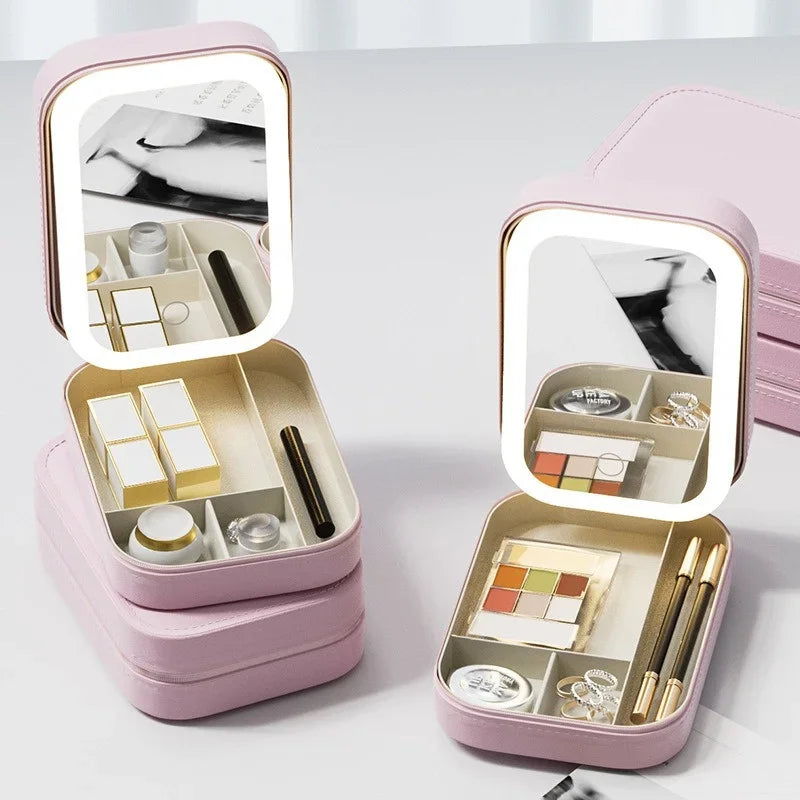 Smart LED Cosmetic Case with Mirror Travel Makeup Bag Small Cute Female Beautician Skincare Product Makeup Case for Women