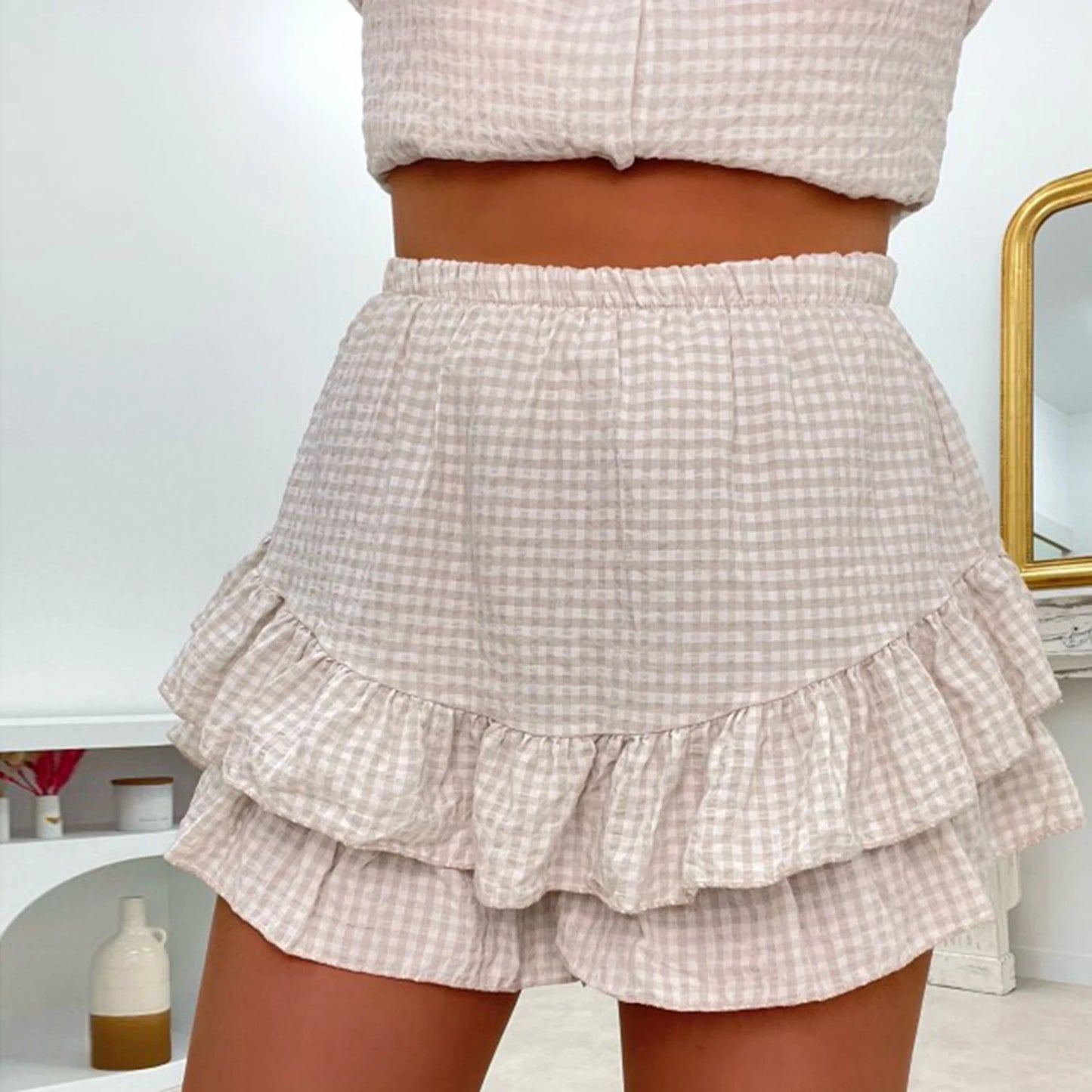 Women's 2 Piece Beach Outfits Long Sleeve Button Plaid Tops Tiered Ruffle Skirted Shorts Sets