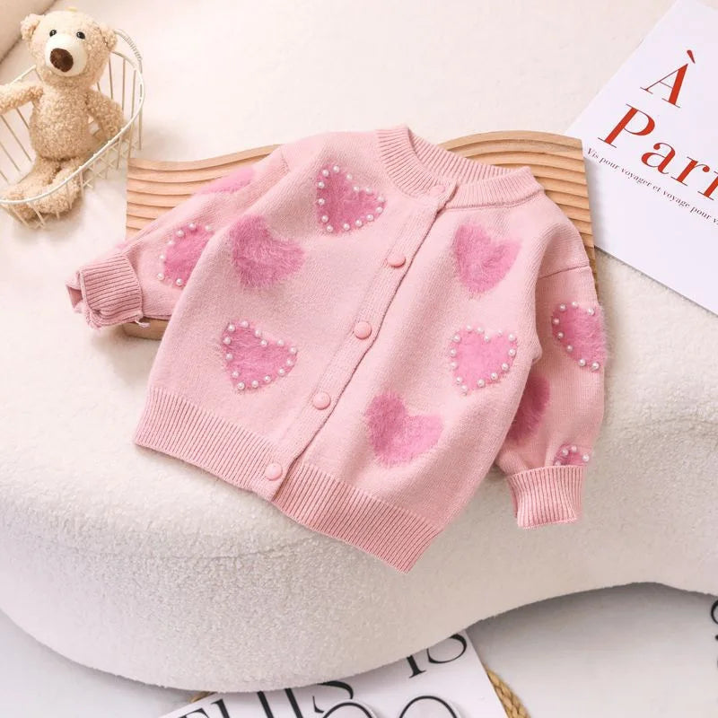 Girls' Sweaters Cardigans 2025 Autumn Winter Baby Knitted Sweaters Coats Heart-Shaped Outerwear Fashionable Children Clothes