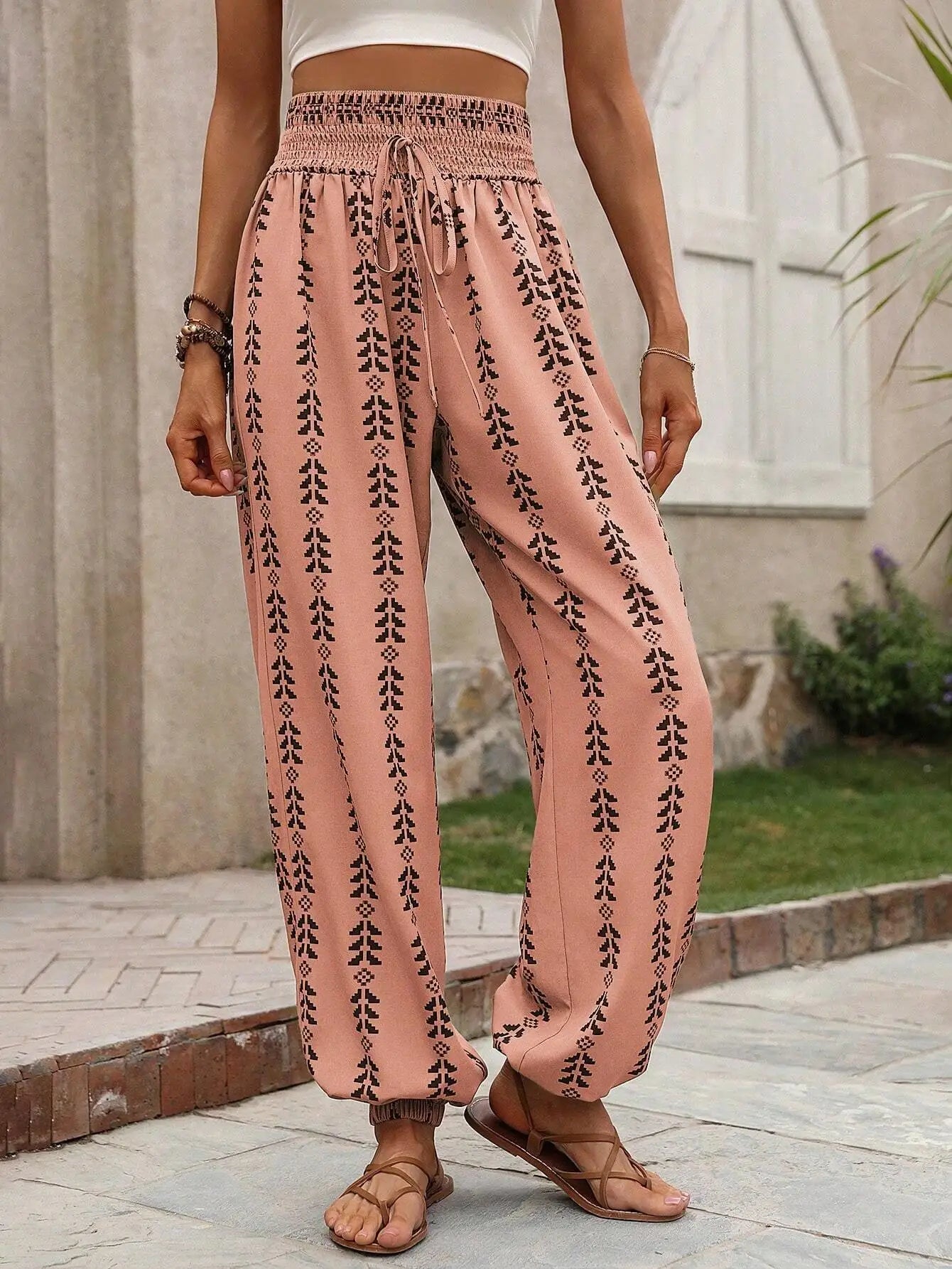 Women's Trousers 2025 Summer Versatile Grid Wide Leg Lantern Pants Casual Pants Lace Up Elastic Waist Long Pants Штаны Женский