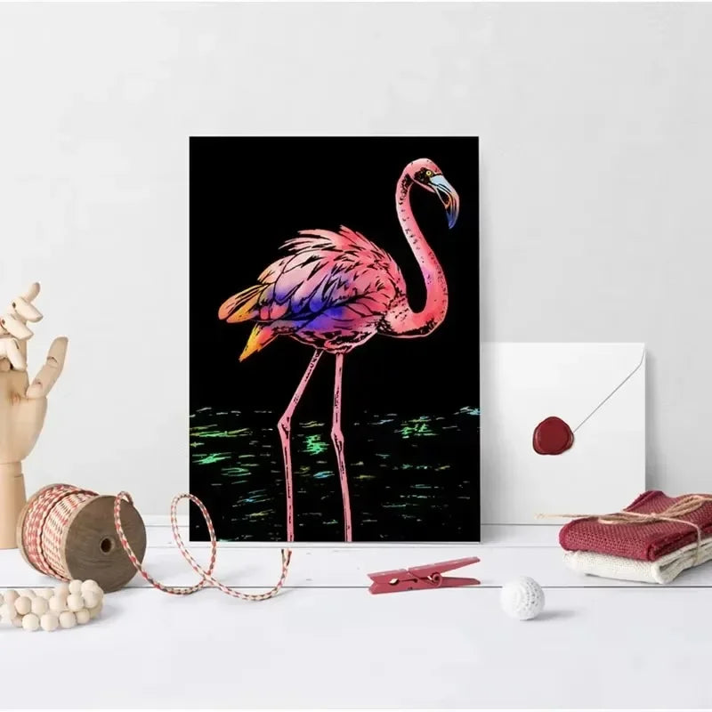 4 Pcs/Set A4 DIY Manual Scraping Painting Colorful Realistic Cartoon Animals Lion Wolf Flamingo Night View Scratch Drawing
