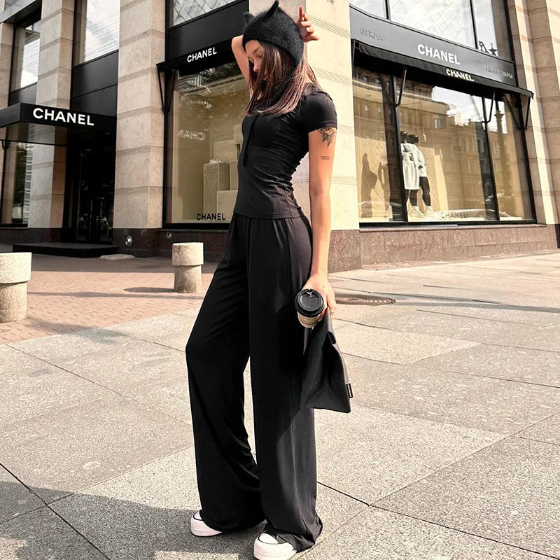 Women Trousers Suit Solid Color O-neck Short-sleeved Top Loose Elastic Waist Wide-leg Pants Women Suit 2025 New Yoga Sportswear
