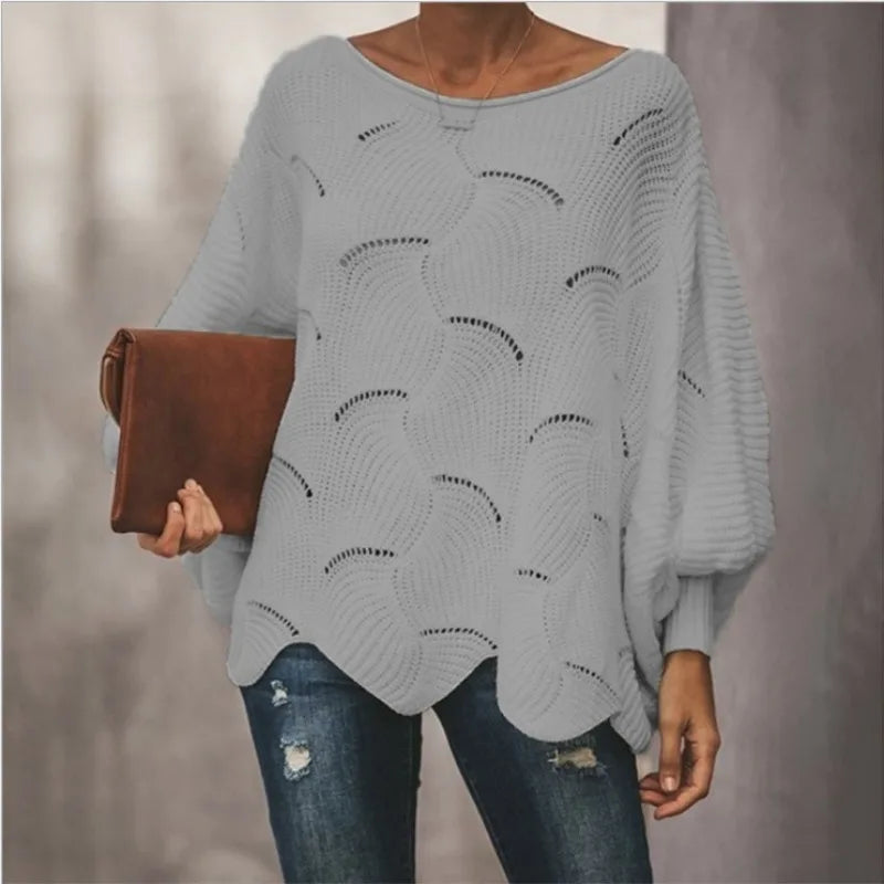 Women's Sweater 2025 Autumn Winter Elegant Hollow Out Loose Knitted Lady Pullovers Casual O-Neck Solid Lantern Sleeve Female Top