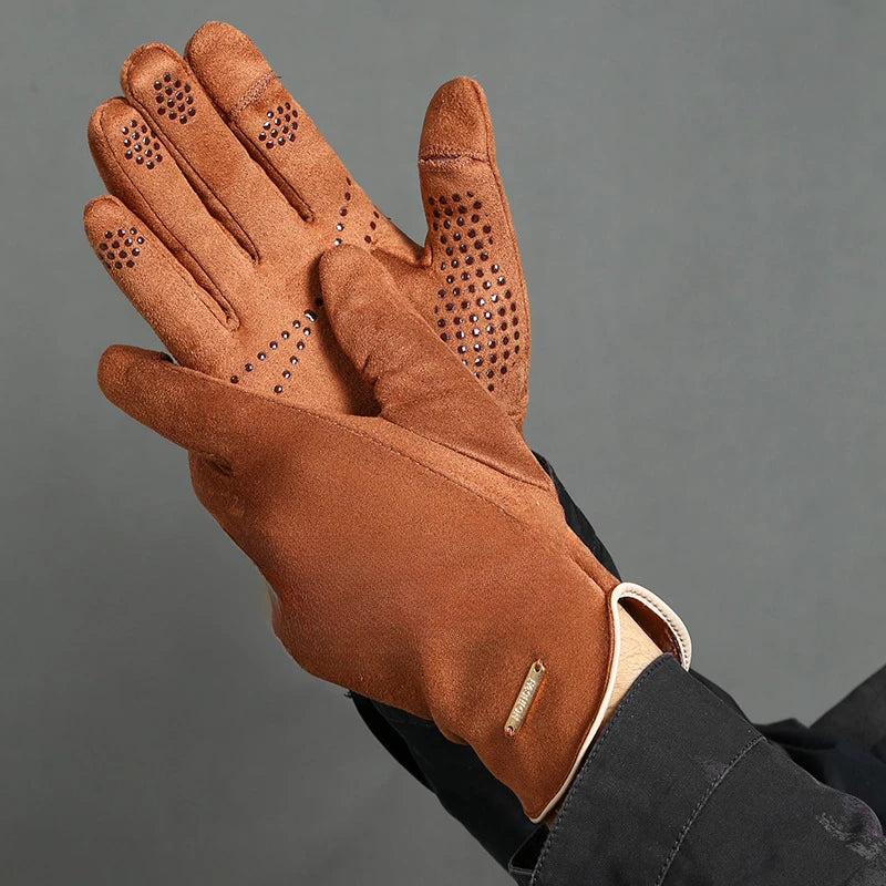 Winter Warm Gloves for Men's Outdoor Cycling and Driving Suede and Fleece Thickened Non-slip Touch Screen Gloves