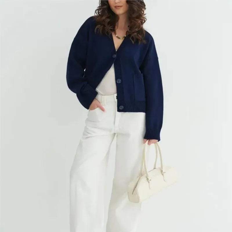 Knitted Sweater Coat Women 2025 Autumn Winter Long Sleeve V-neck Pockets Knit Jacket Cardigan New Casual Loose Sweaters Female
